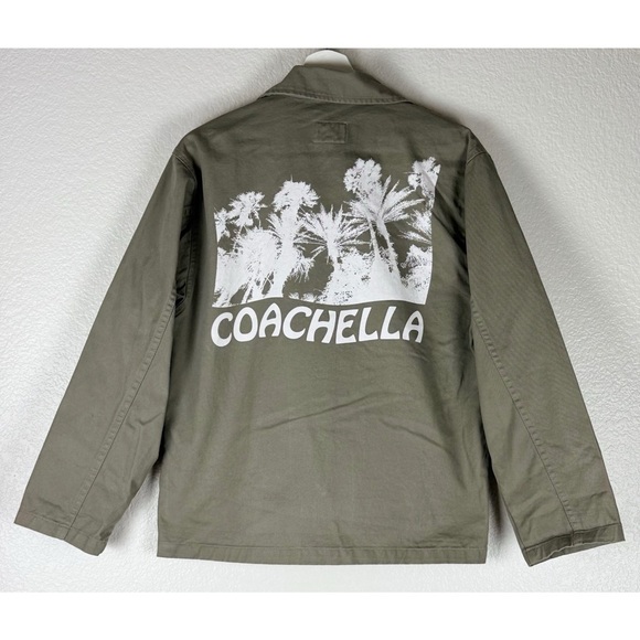 Coachella Army Green Heavy Weight Button Up Graphic Palm Trees Jacket size Small - Picture 10 of 12